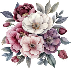 Watercolor floral bouquet, pink, purple and white flowers, generative AI