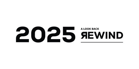 Bold black “2025 A Look Back Rewind” typography logo on white background, featuring stylized numbers and rewind text, perfect for year in review branding, recap videos, reports and presentations. © bibin