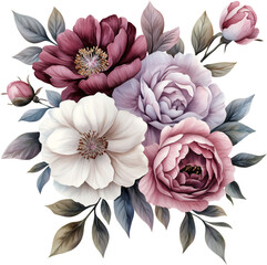 Watercolor floral bouquet, pink, purple and white flowers, generative AI