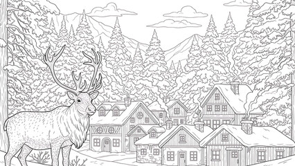 Obraz premium Monochrome Holiday Coloring Book Illustration of Snowy Town