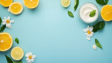 Fresh lemons and lemon slices arranged on a vibrant blue background for culinary presentation