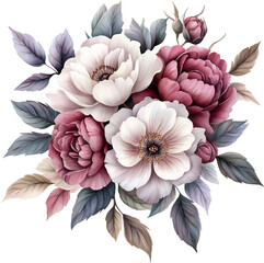 Watercolor floral bouquet, pink, purple and white flowers, generative AI