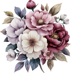 Watercolor floral bouquet, pink, purple and white flowers, generative AI