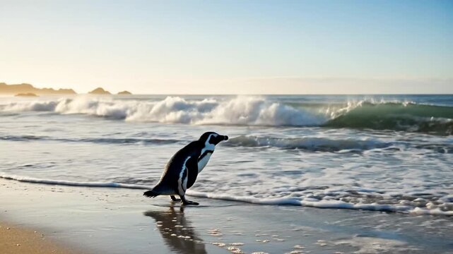 Gentoo penguin waddling along a sandy beach, sparkling ocean, beautiful rocks on the horizon,