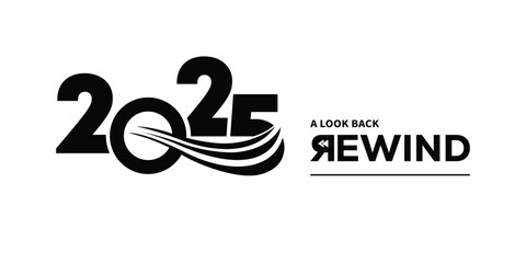 Bold black “2025 A Look Back Rewind” typography logo on white background, featuring stylized numbers and rewind text, perfect for year in review branding, recap videos, reports and presentations.