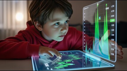 Young person interacts with digital financial data charts on a transparent screen - Powered by Adobe