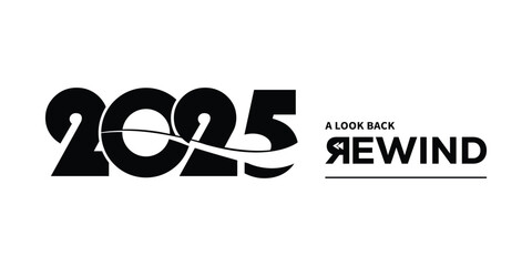 Bold black “2025 A Look Back Rewind” typography logo on white background, featuring stylized numbers and rewind text, perfect for year in review branding, recap videos, reports and presentations. © bibin