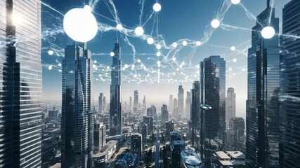 Futuristic city skyline with digital network connections overlay - Powered by Adobe