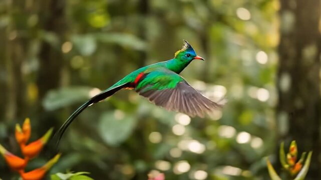 Captivating Quetzal Bird Flight Sequence in Lush Rainforest Environment, a Symbol of Beauty