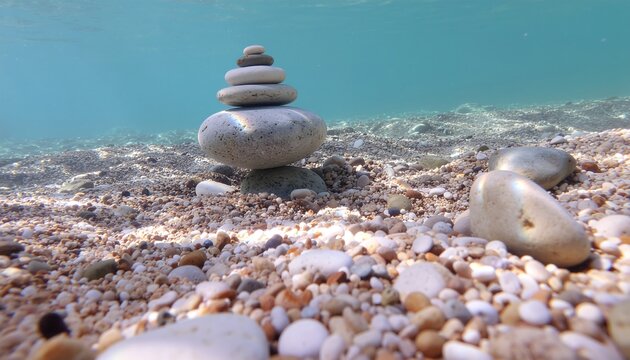 Underwater stone cairn balanced on rocky seabed - Powered by Adobe
