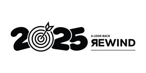 Bold black “2025 A Look Back Rewind” typography logo on white background, featuring stylized numbers and rewind text, perfect for year in review branding, recap videos, reports and presentations. © bibin