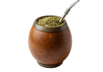 Close-up macro shot of a rustic brown yerba mate calabash gourd and intricately detailed silver bombilla, isolated on a high-key white background, conveying traditional south american heritage