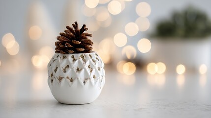White Christmas decorations with white balls and pinecones against blurred background, festive New Year concept with empty space for custom text and holiday celebration theme.