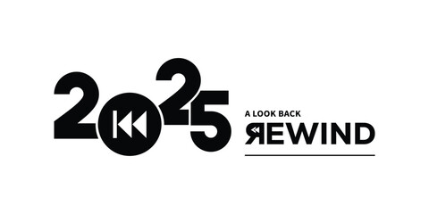 Bold black “2025 A Look Back Rewind” typography logo on white background, featuring stylized numbers and rewind text, perfect for year in review branding, recap videos, reports and presentations.