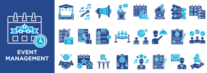 Modern icon set featuring event management, schedules, teamwork, and coordination. Perfect for presentations and infographics.