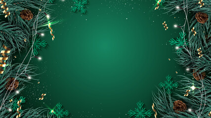 Elegant Christmas holiday background featuring pine branches, glowing string lights, and festive decorations forming a decorative frame ideal for seasonal celebration designs