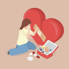 Conceptual Illustration healing of broken heart. Ending relationship and sad hurtful experience. 3d flat isometric vector.