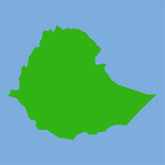 Green silhouette map of Ethiopia in a flat vector style showing its distinct horn-of-Africa shape and region boundaries on a light background.
