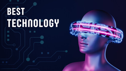 Futuristic digital mannequin wearing neon virtual reality headset with glowing circuit board background, symbolizing advanced technology innovation and immersive tech evolution