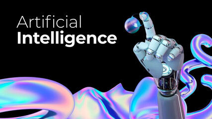 Futuristic robotic hand interacting with glowing digital sphere and neon fluid waves, representing advanced artificial intelligence and modern technology innovation