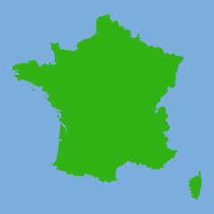 Green silhouette map of France in a flat vector style with characteristic hexagon shape and region outlines on a light background.