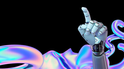 Futuristic robotic hand pointing upward with metallic textures and neon fluid waves, symbolizing advanced AI innovation and modern digital technology aesthetics