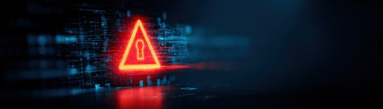 A bright red warning symbol with a padlock against a dark digital backdrop, suggesting cybersecurity alerts or data protection issues.
