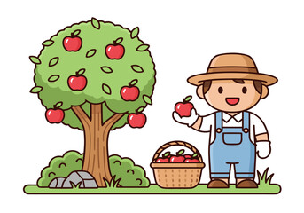 A cute cartoon farmer harvesting red apples from an apple tree into a basket on a sunny day.