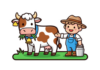 A cute cartoon farmer with a hat and overalls stands next to a brown and white cow eating grass, holding a milk pail.