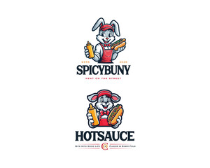 cute bunny selling Hotdog sausage retro mascot logo template