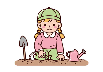 A cute cartoon girl with pigtails and a green cap is happily planting a small sprout in the soil with a shovel and watering can nearby.