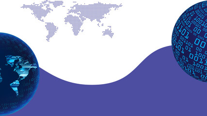 Global technology background with digital binary globe, world map, modern wave design, and futuristic network concept in blue and white