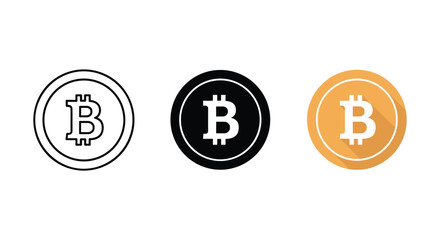 Bitcoin btc digital cryptocurrency coin icon illustration showing outline solid and color flat design styles