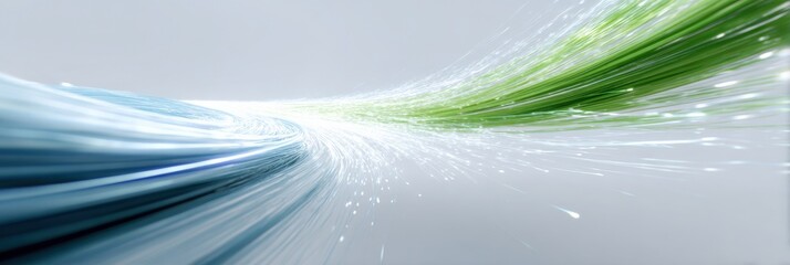 Abstract flow of green and blue light streaks on white background