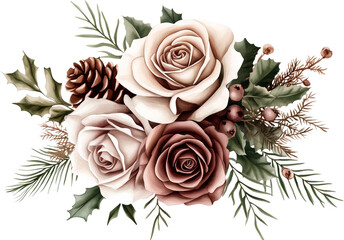Watercolor winter flowers, brown and beige Christmas bouquet, neutral floral illustration, generative AI