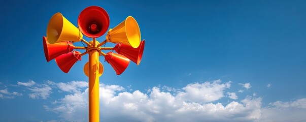 A vibrant arrangement of colorful loudspeakers against a bright blue sky, with fluffy clouds enhancing the lively scene.