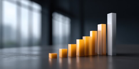 Ascending yellow and white bar graph on reflective surface in modern office