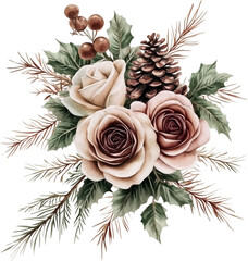 Watercolor winter flowers, brown and beige Christmas bouquet, neutral floral illustration, generative AI