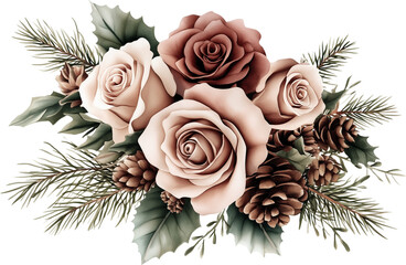 Watercolor winter flowers, brown and beige Christmas bouquet, neutral floral illustration, generative AI