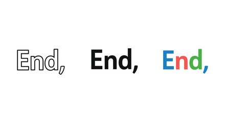 End word text icon set showing termination conclusion marker symbols in outline solid and colorful flat design styles.