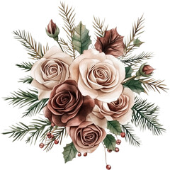 Watercolor winter flowers, brown and beige Christmas bouquet, neutral floral illustration, generative AI