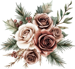 Watercolor winter flowers, brown and beige Christmas bouquet, neutral floral illustration, generative AI