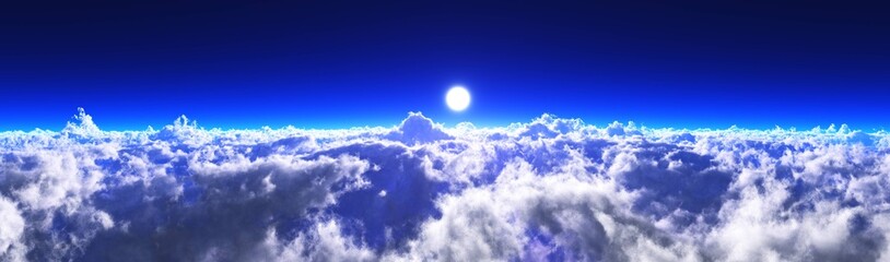 Beautiful clouds, panorama of clouds, flying above clouds, banner, 3D rendering