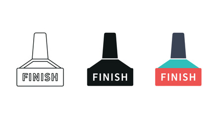 Finish text icon set resembling nail polish bottle displaying final completion marker symbols in outline solid flat styles.