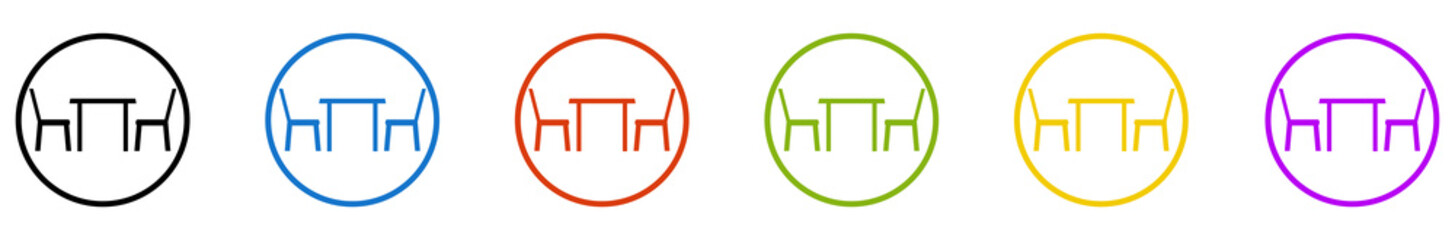 Banner mit 6 farbigen Icons im Kreis: Tisch und zwei St&uuml;hle