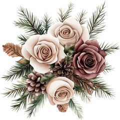Watercolor winter flowers, brown and beige Christmas bouquet, neutral floral illustration, generative AI