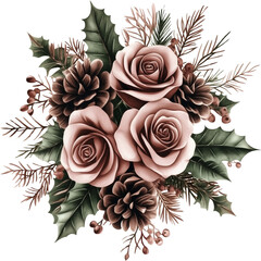 Watercolor winter flowers, brown and beige Christmas bouquet, neutral floral illustration, generative AI
