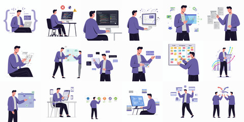 Flat Character Developer with Different Poses and Situations Illustration Set