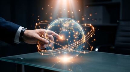 A glowing digital world sphere is touched by a hand showing global connections.