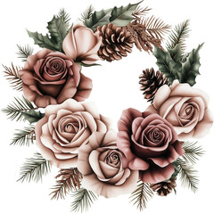 Watercolor winter flowers, brown and beige Christmas bouquet, neutral floral illustration, generative AI